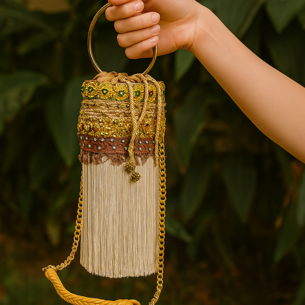 Natural fiber bucket bag with green and brown bead accents, gold chain strap, and ivory fringe held outdoors.