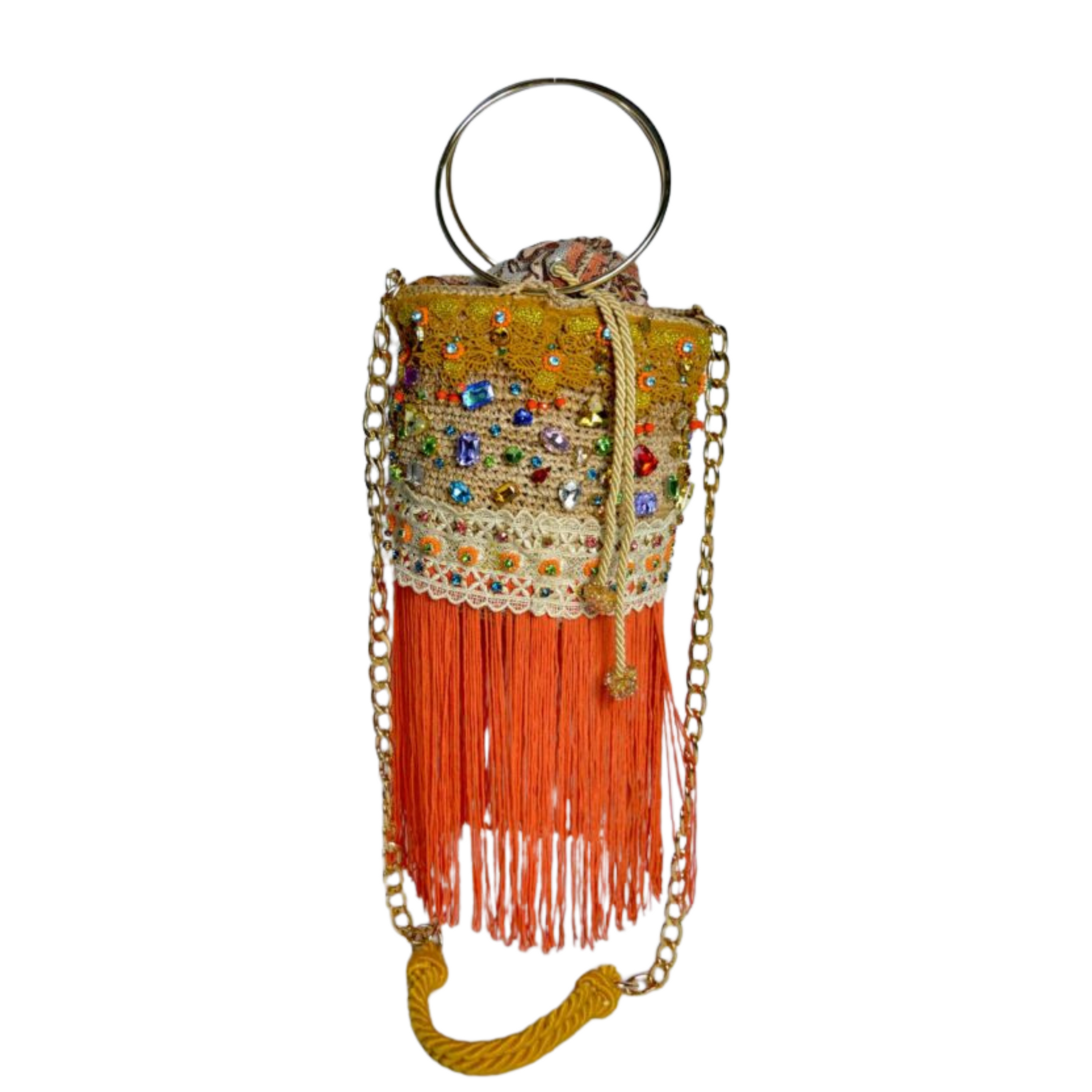 Natural fiber bucket bag with multicolor beadwork, gold chain strap, and bright orange fringe trim.