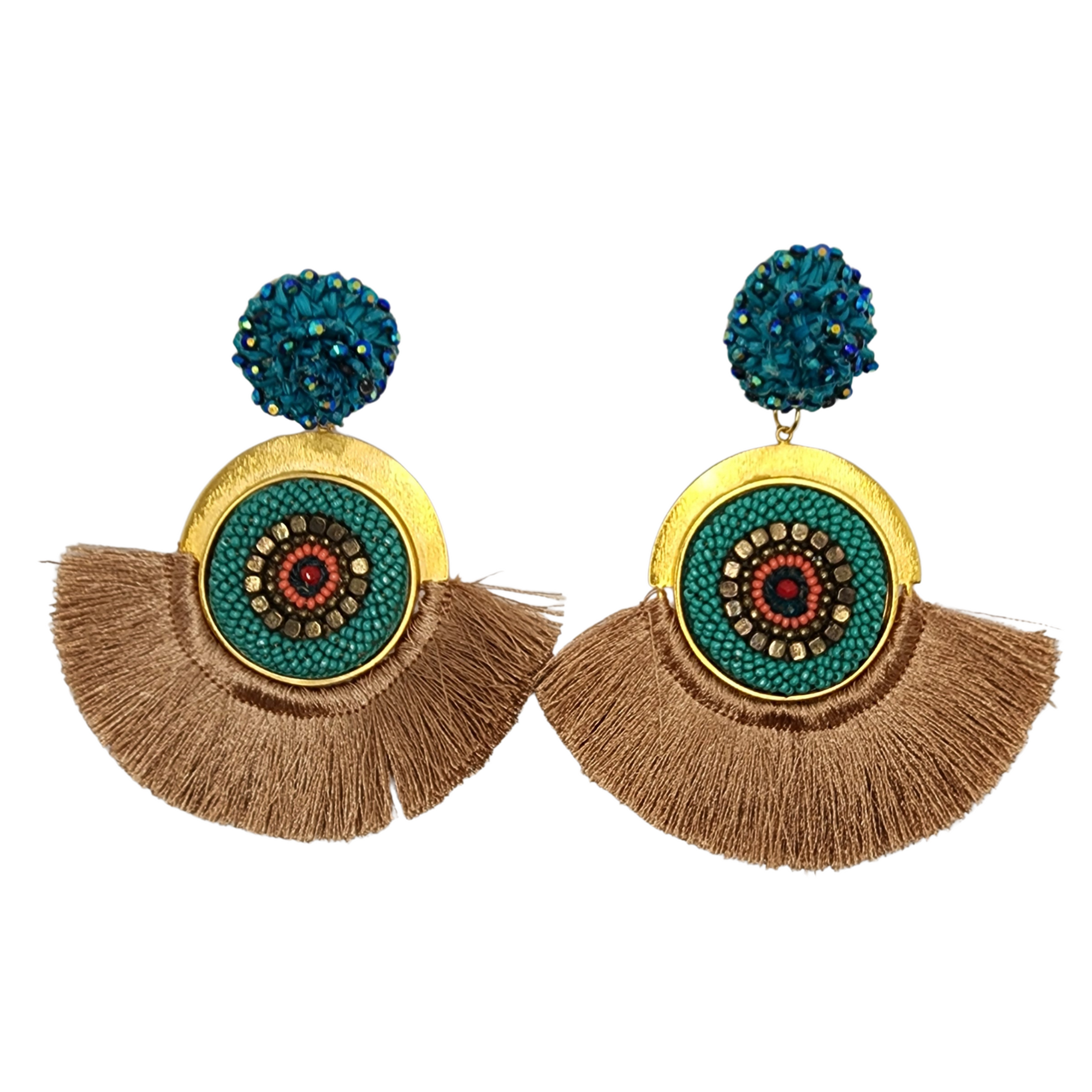 Turquoise half moon earrings with gold foil accents and bronze fringe