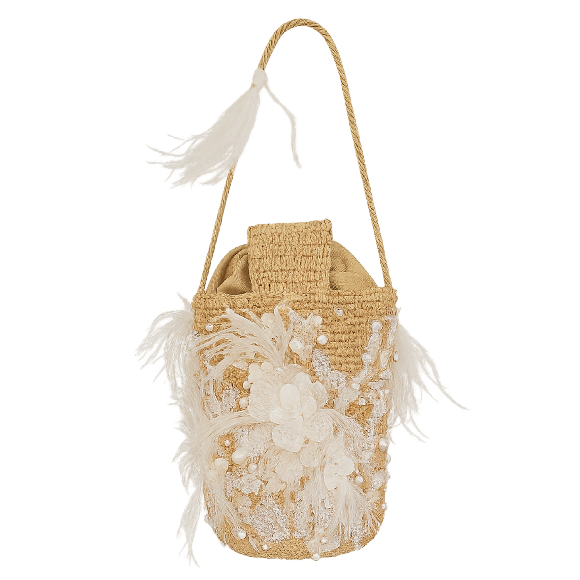 Wedding Feather Bag with floral embroidery, crystal beadwork, feathers, and drawstring pouch on white background