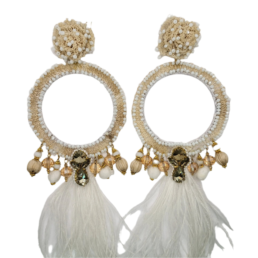 White Whole Moon Earrings with circular banana fiber embroidery, gemstone accents, and soft white feathers — artisan handcrafted jewelry