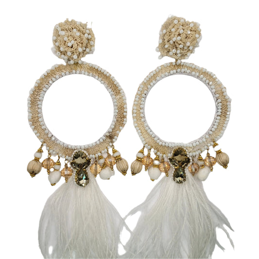 White Whole Moon Earrings with circular banana fiber embroidery, gemstone accents, and soft white feathers — artisan handcrafted jewelry