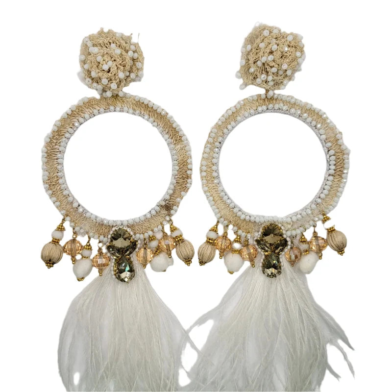 White Whole Moon Earrings with circular banana fiber embroidery, gemstone accents, and soft white feathers — artisan handcrafted jewelry