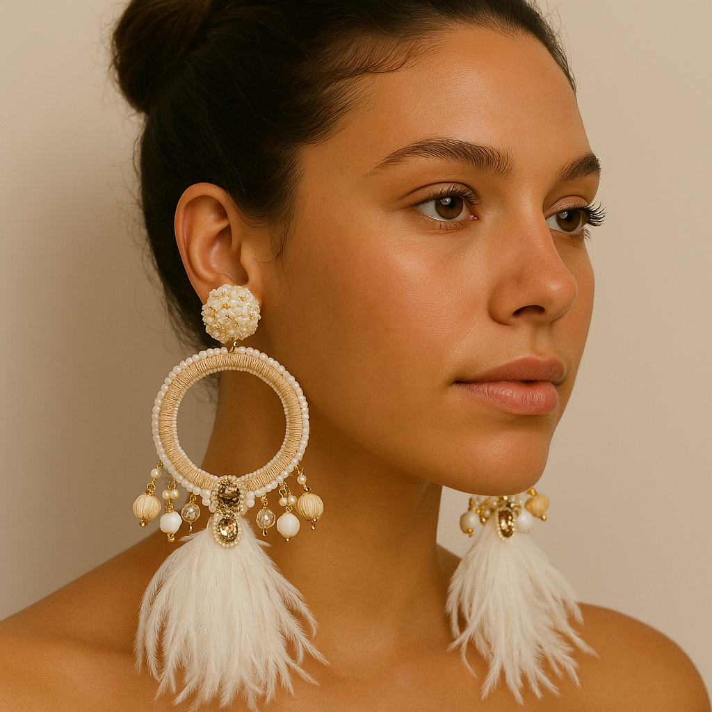 Model wearing White Whole Moon Earrings with circular banana fiber embroidery, gemstones, and white feathers — handcrafted statement piece