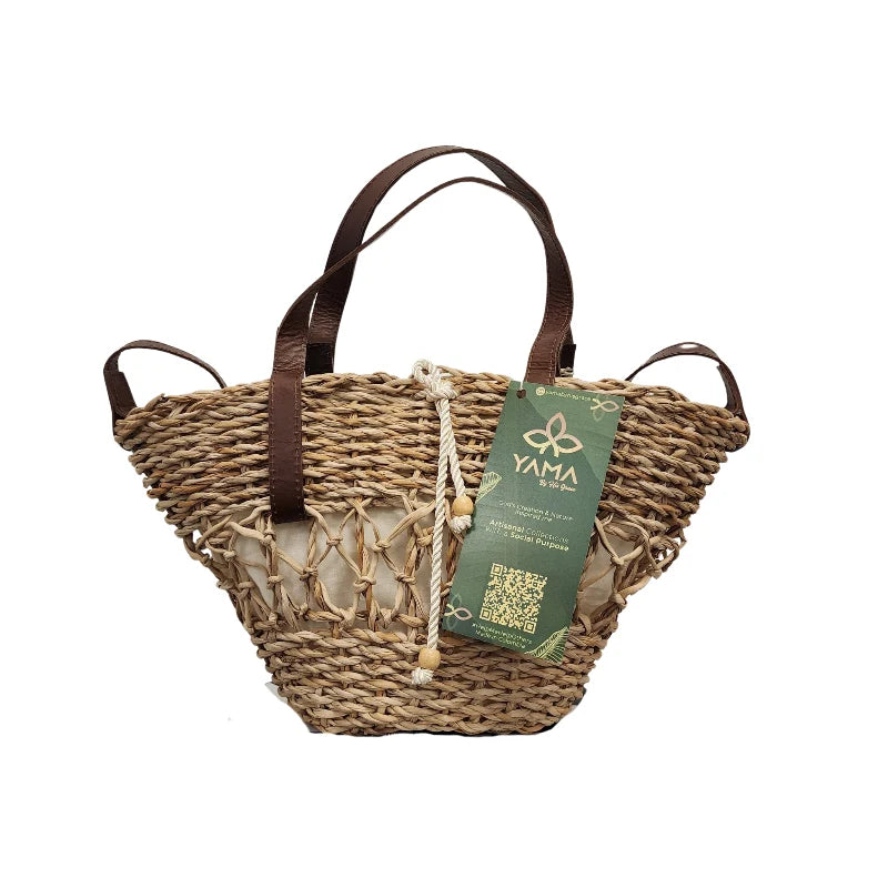 Small Woven Campana Bag with brown leather handles, product tag visible.
