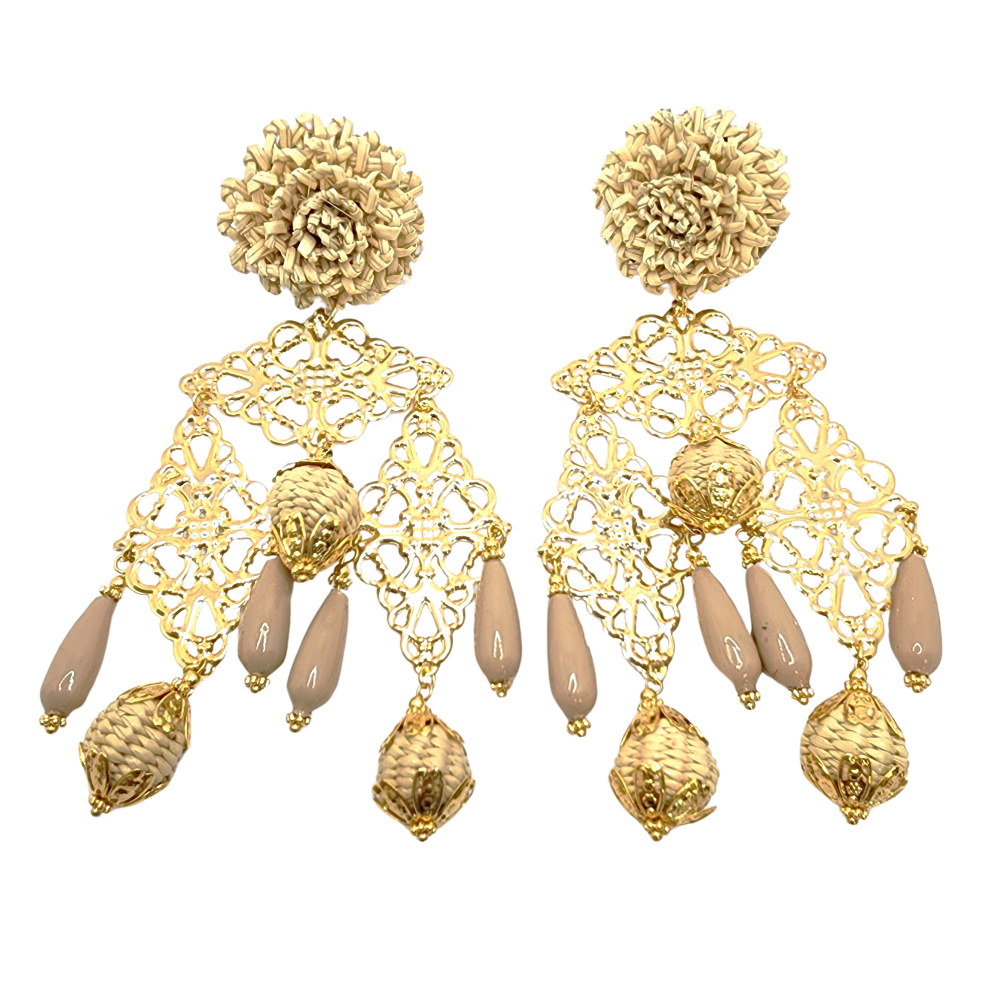 Pair of beige and gold earrings with woven floral studs, golden filigree panels, and neutral beaded drops.