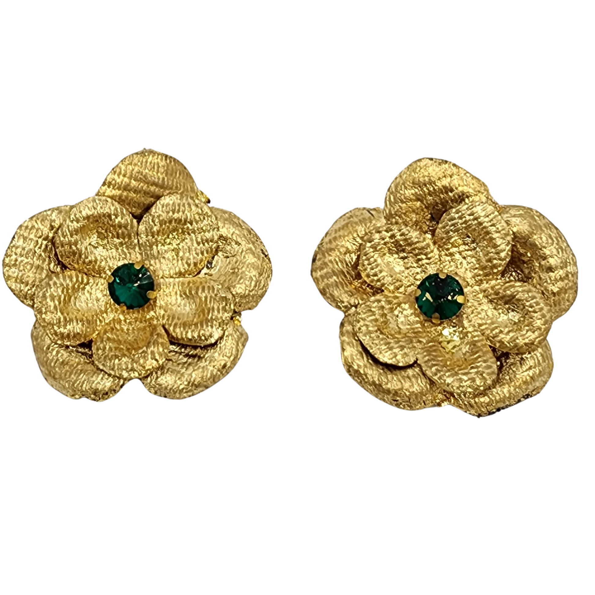 Golden Floral Earrings with One Green Gemstone