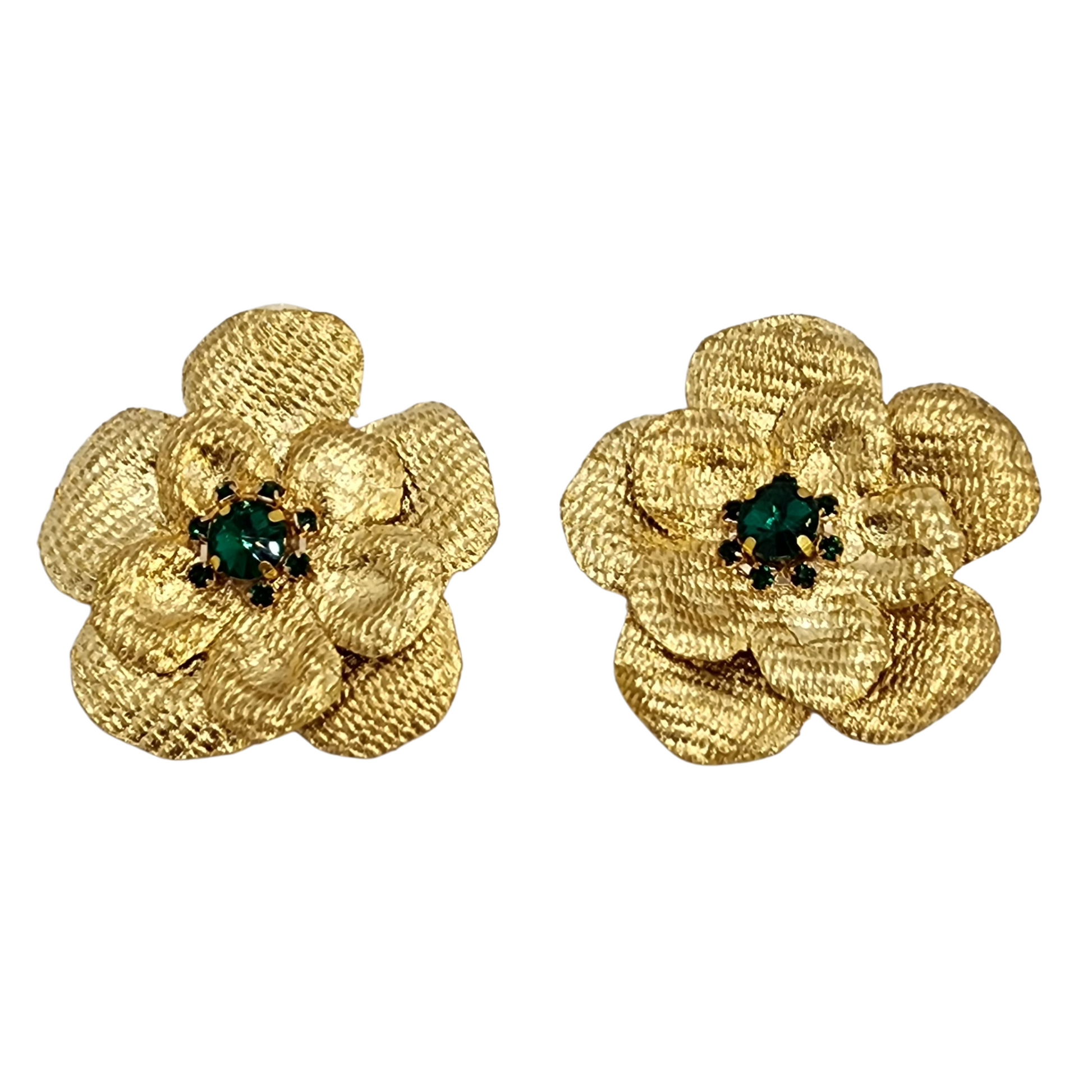 Golden Floral Earrings with Two Green Gemstone