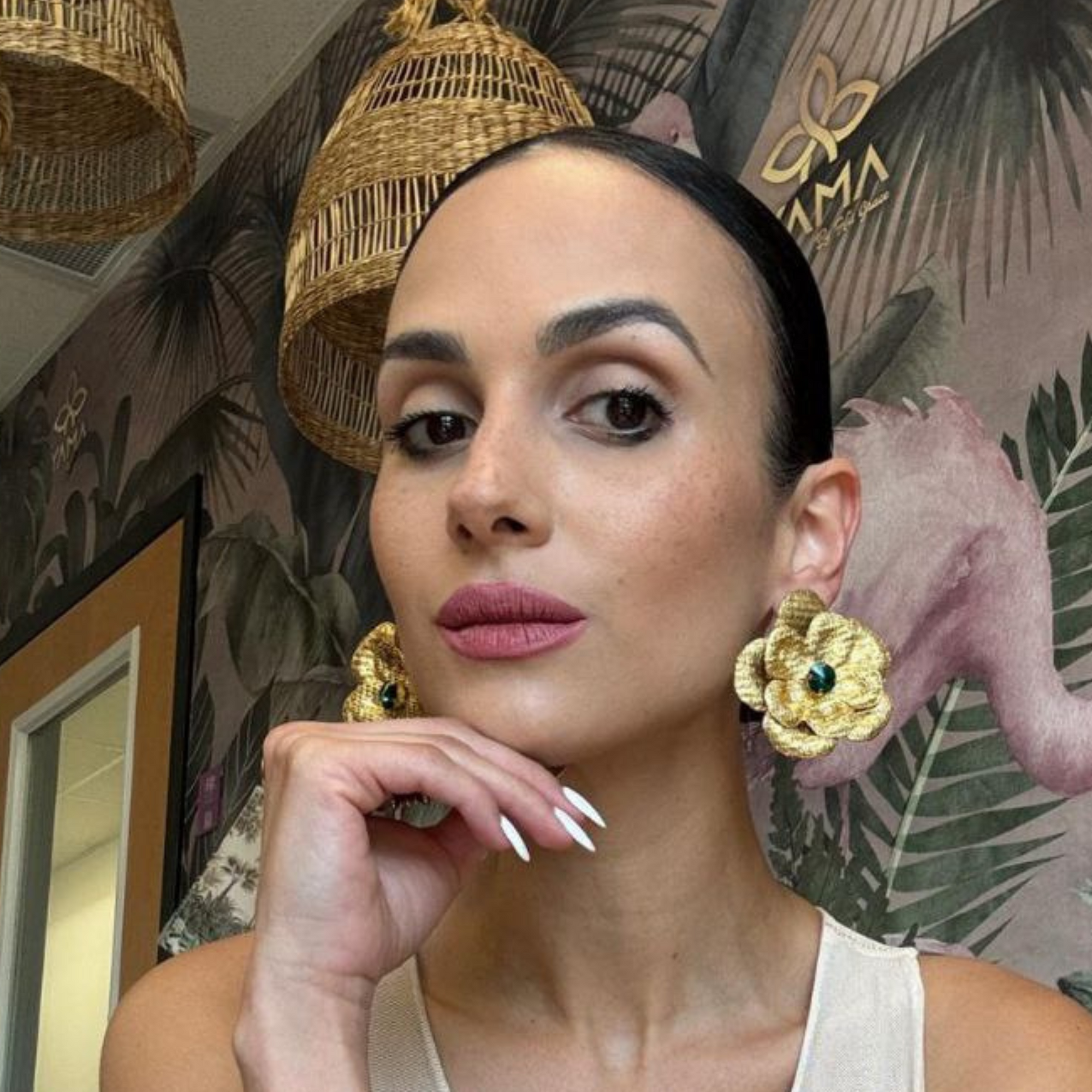 Golden Floral Earrings with Green Gemstone