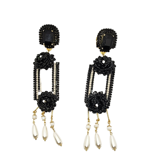 Fiber Rectangle Black & White Earrings