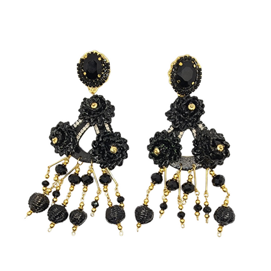 Fiber Oval Flower Black Earrings