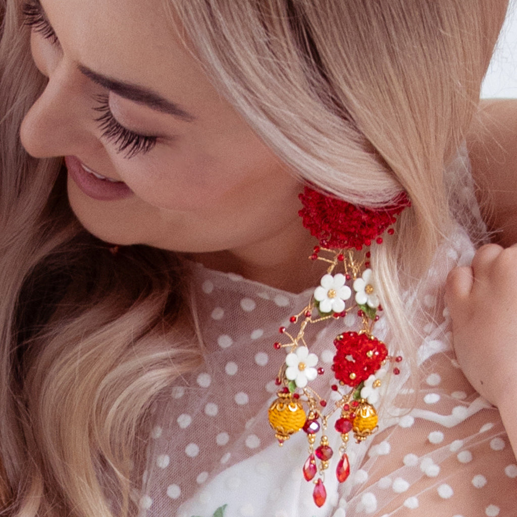 Red and White Flower Waterfall Earrings