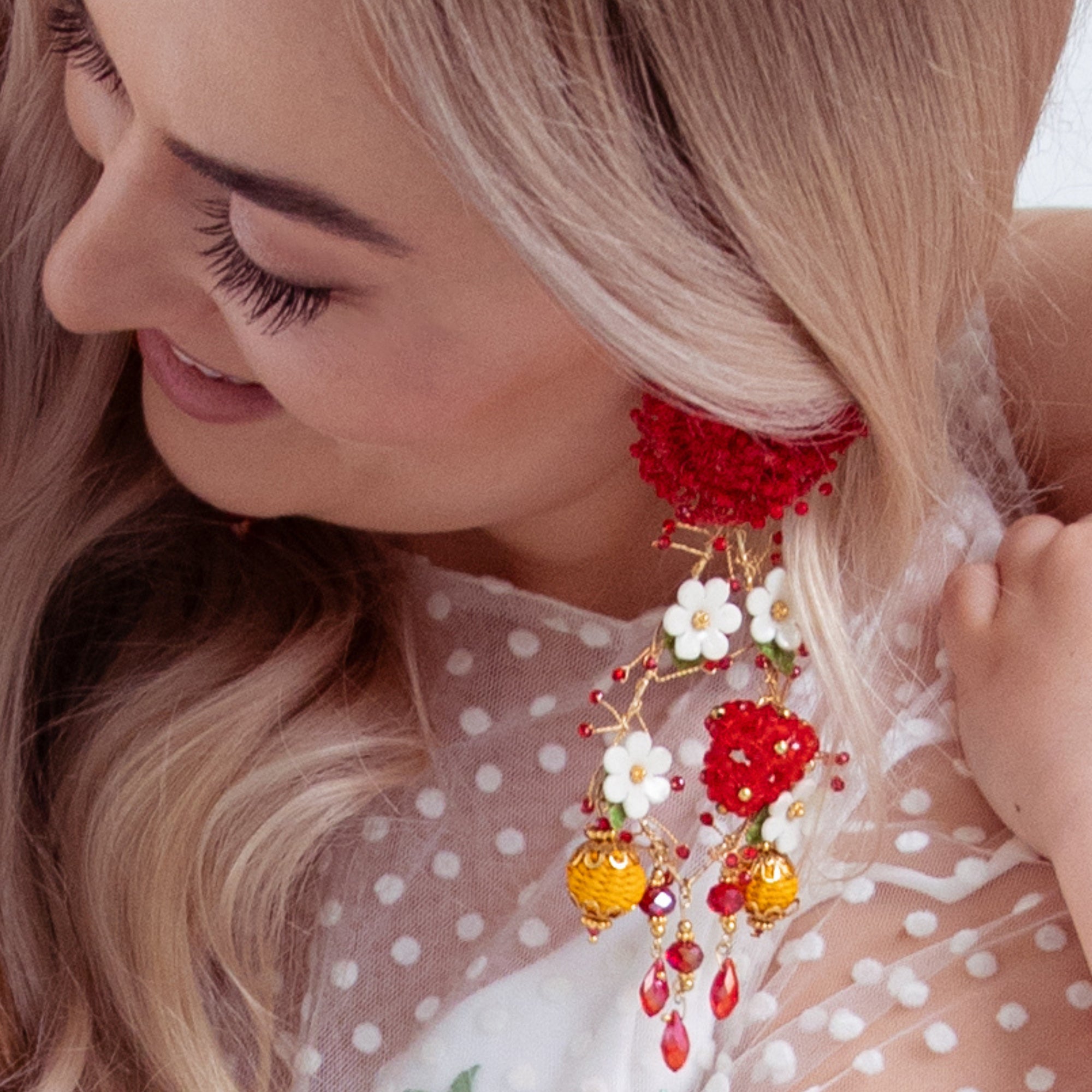 Red and White Flower Waterfall Earrings