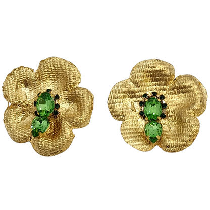 Golden Floral Earrings with Three Green Gemstone