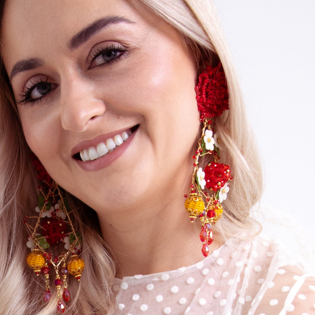 Red and White Flower Waterfall Earrings