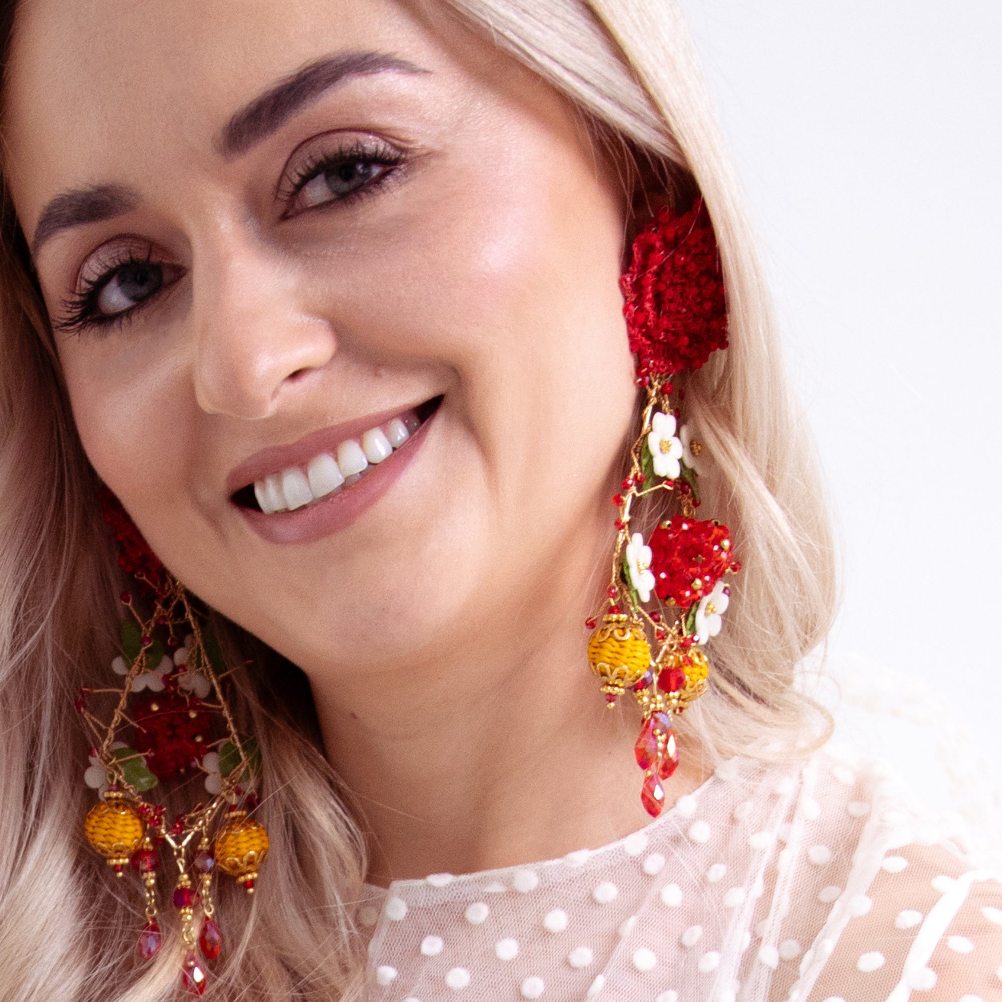 Red and White Flower Waterfall Earrings
