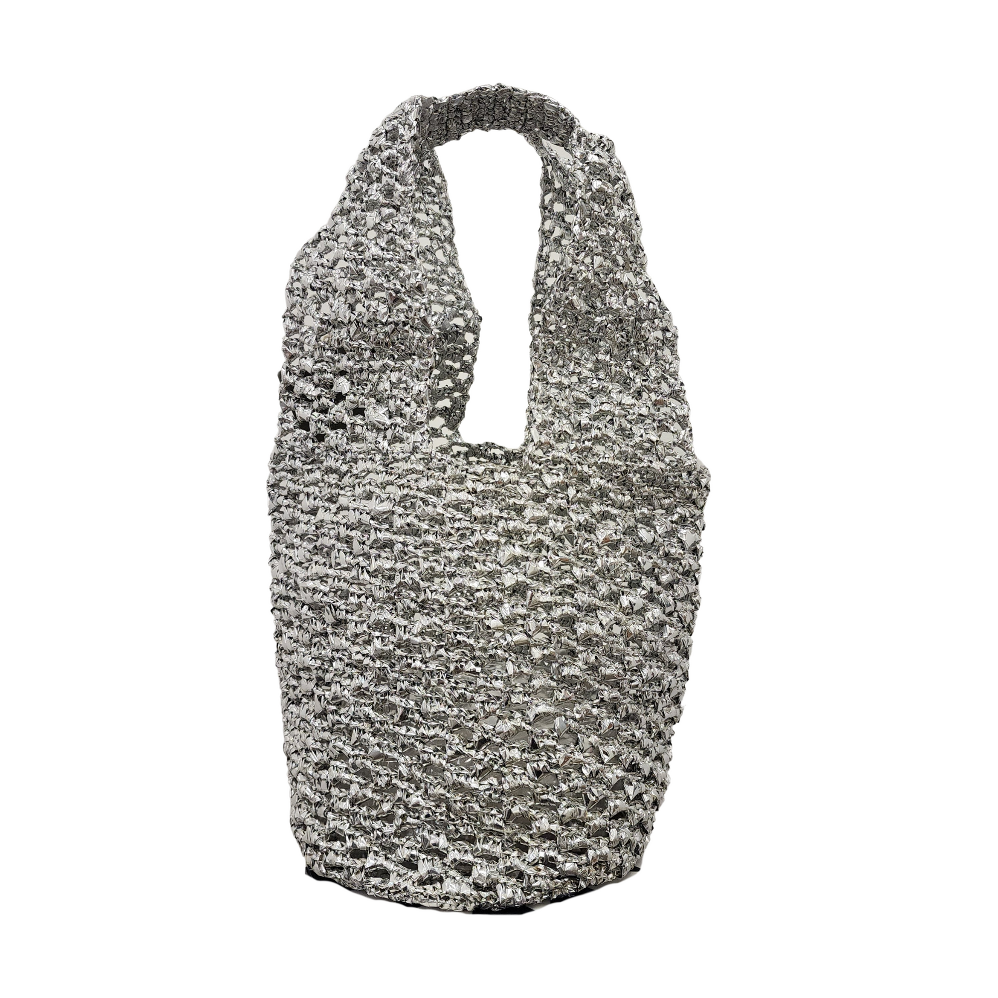 Silver recycled tote bag made from chip bag wrappers, featuring a handcrafted textured finish and structured shape.