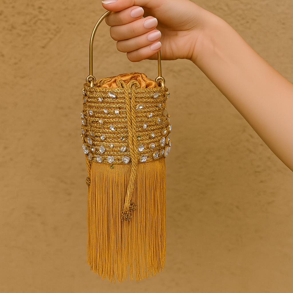 Hand holding a small gold bucket bag with crystals and gold fringe in front of a beige wall.